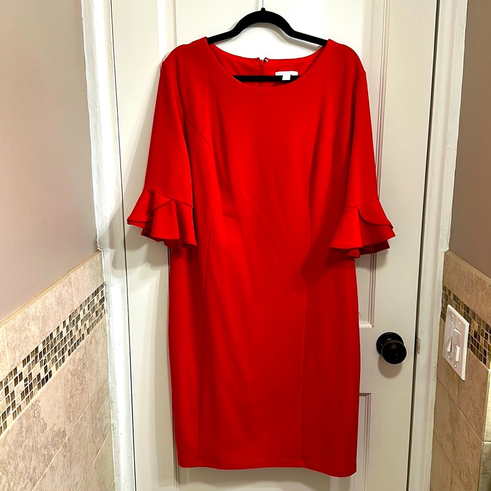 Fully lined red stretch sheath dress with bell sleeves